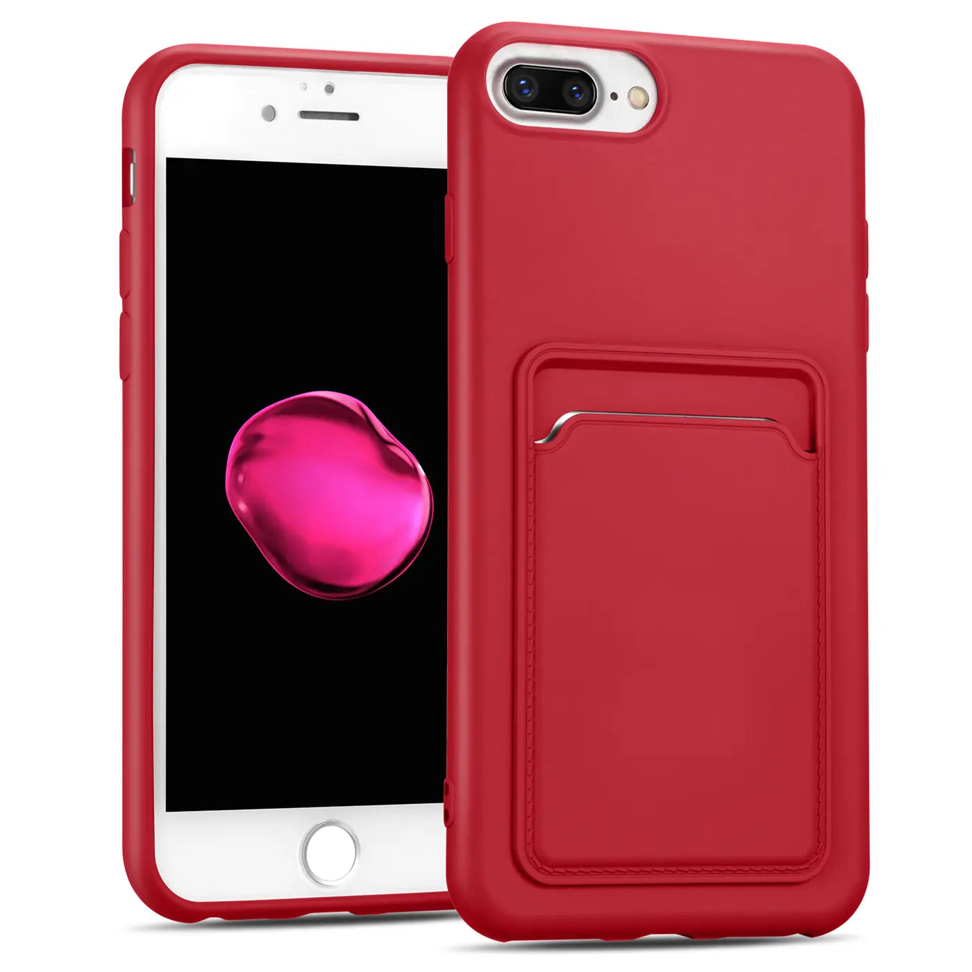 Rote Slim Hülle aus Kunststoff mit Kartenfach, zeigt iPhone 7 Plus/8 Plus, von vorne/leicht schräg.