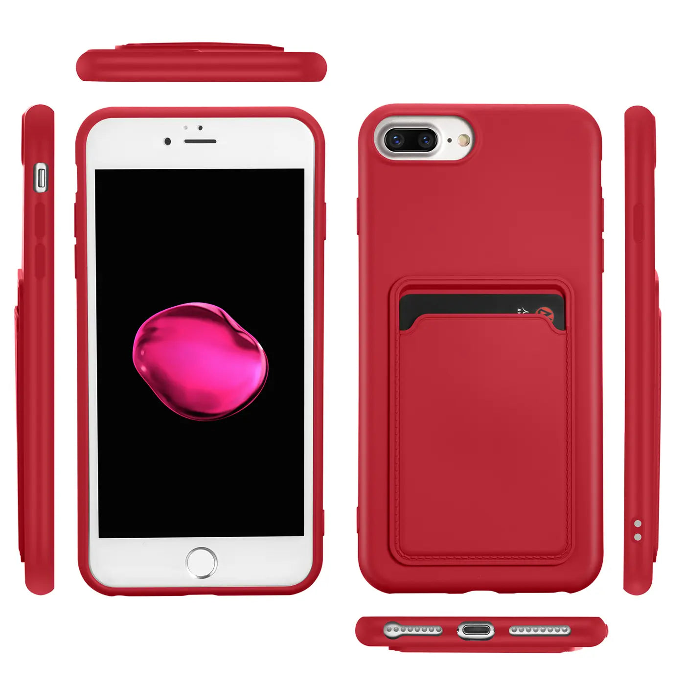 Rote Slim Hülle mit Kartenfach für iPhone 7/8 Plus, verschiedene Ansichten