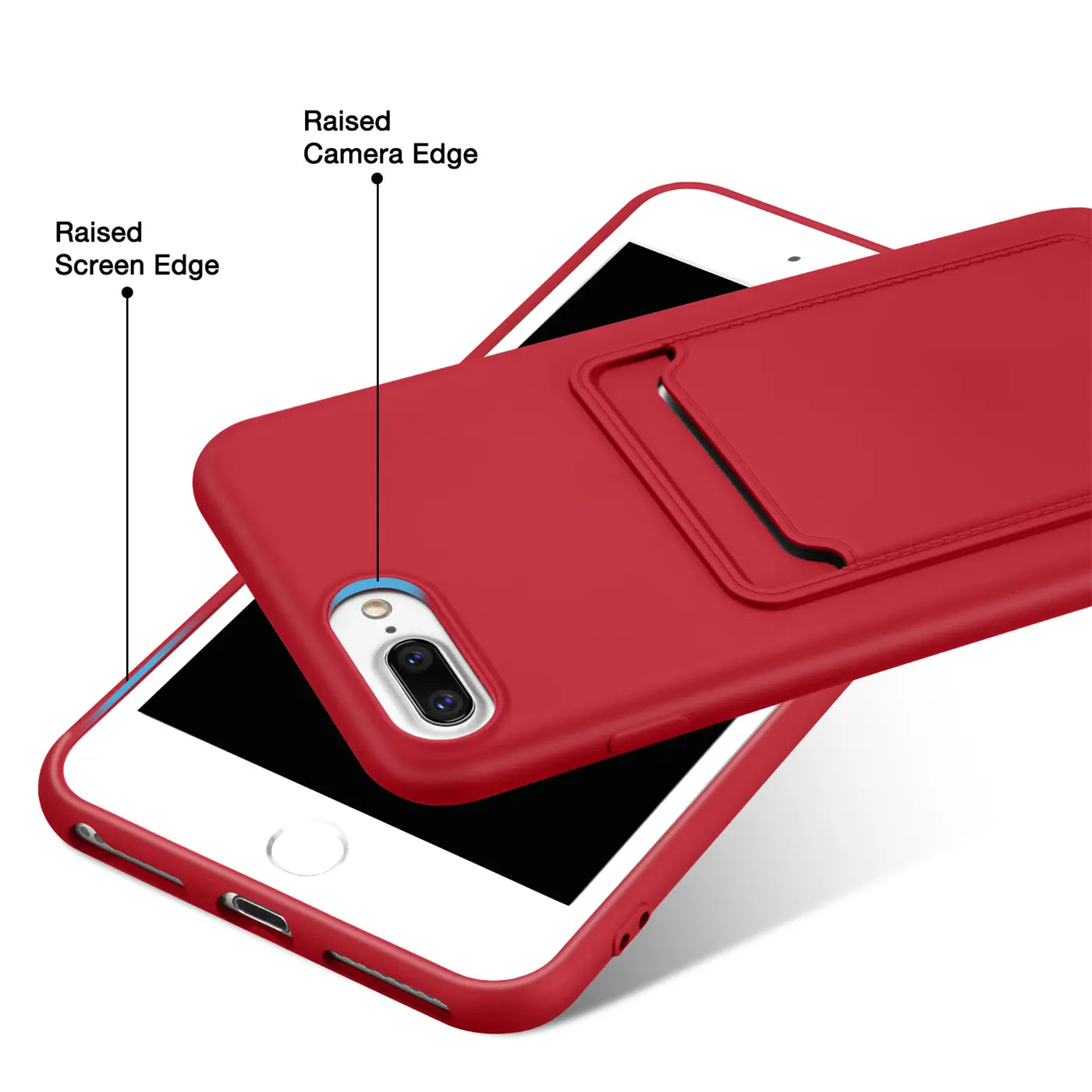 Rote Slim Hülle mit Kartenfach auf iPhone 7 Plus/8 Plus, von schräg oben.