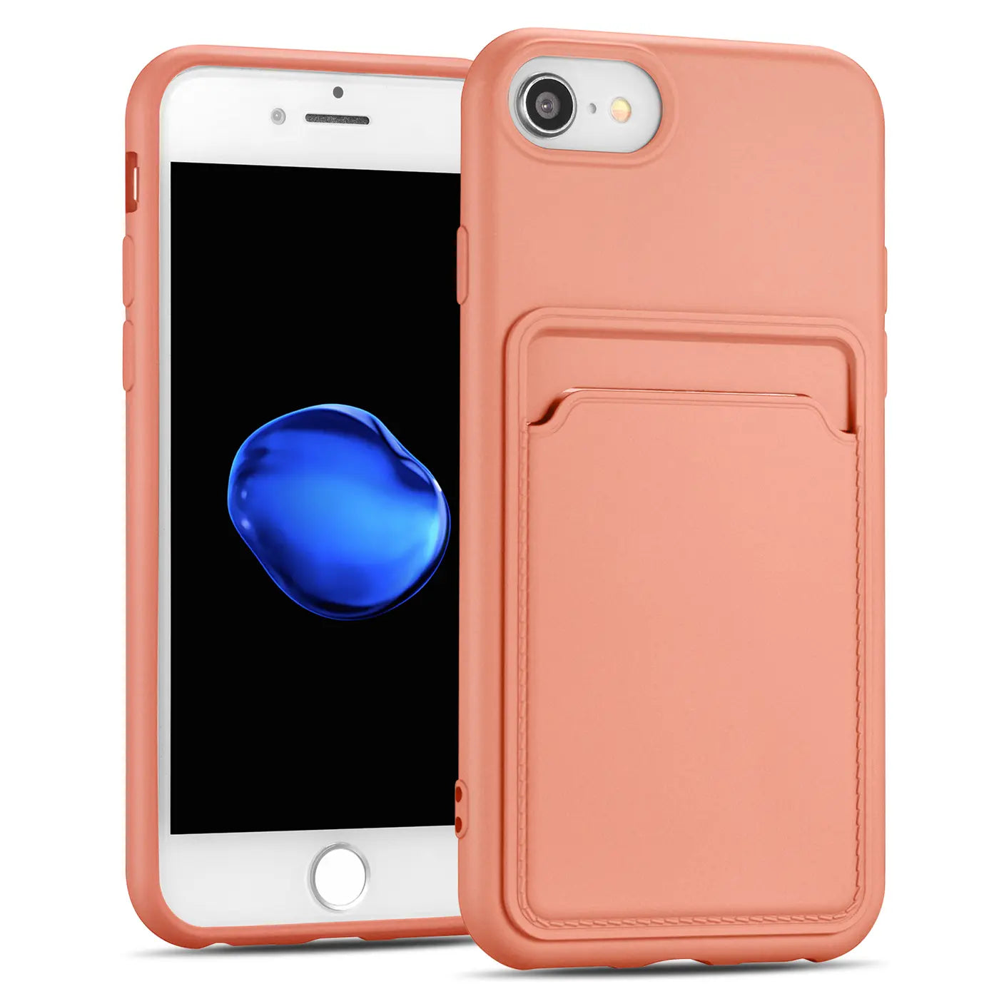 Lachsfarbene Slim Hülle aus Kunstleder mit Kartenfach für ein iPhone 7/8/SE, von vorne.