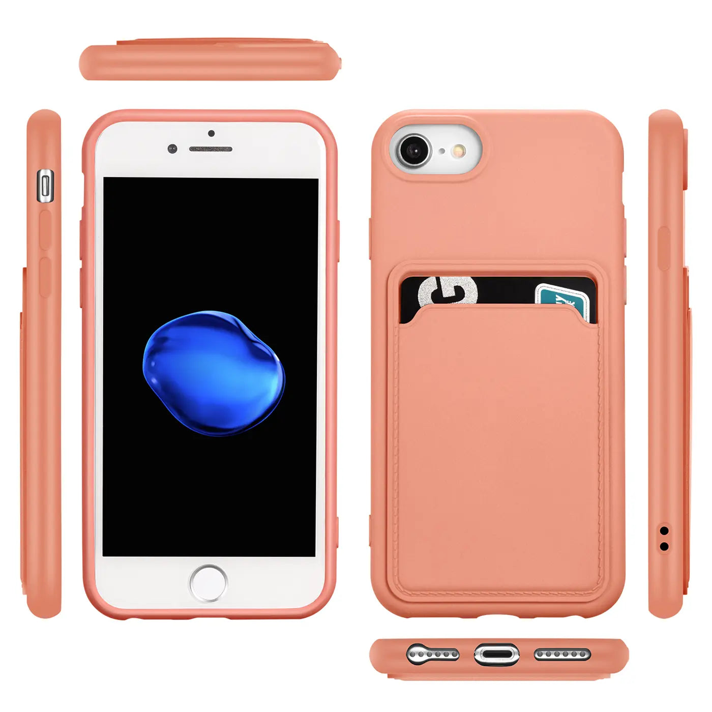 Korallenfarbene Slim Hülle aus Kunststoff mit Kartenfach für iPhone 7/8/SE, verschiedene Ansichten.
