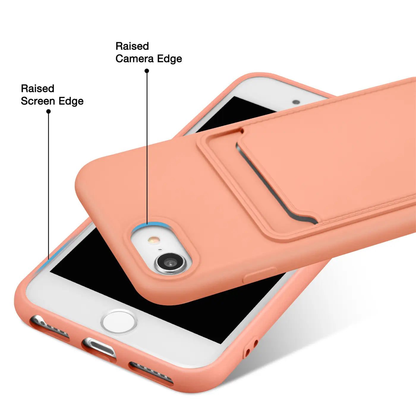 Orange Slim Hülle aus Kunststoff mit Kartenfach, zeigt iPhone 7/8/SE, von oben.