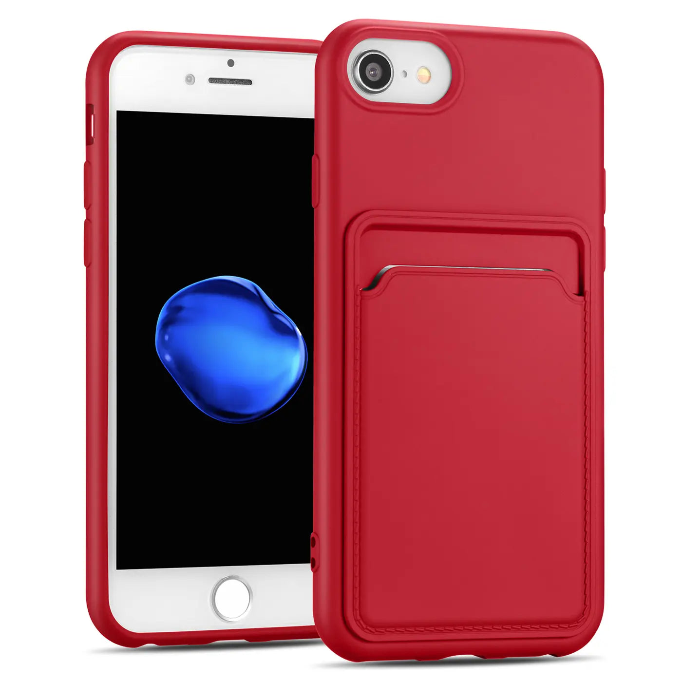 Rote Slim Hülle aus Kunstleder mit Kartenfach für iPhone 7/8/SE, Vorderansicht.