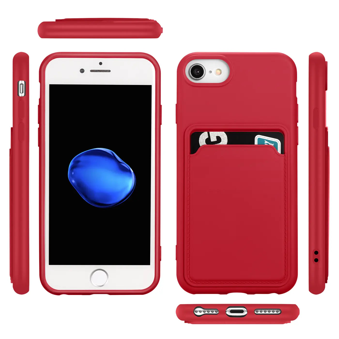 Rote Slim Hülle aus Kunststoff mit Kartenfach für iPhone 7/8/SE. Mehrere Ansichten.