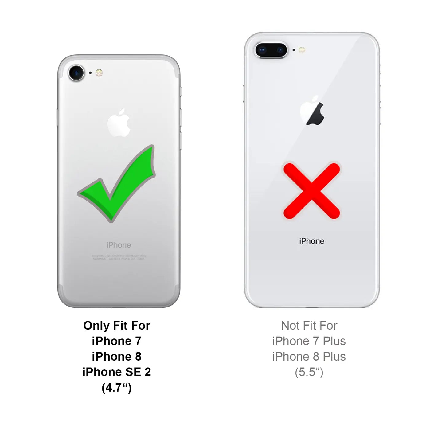 Zwei iPhones, Rückansicht. Links iPhone 7/8/SE2 mit grüner Häkchen, rechts iPhone 7/8 Plus mit rotem Kreuz.