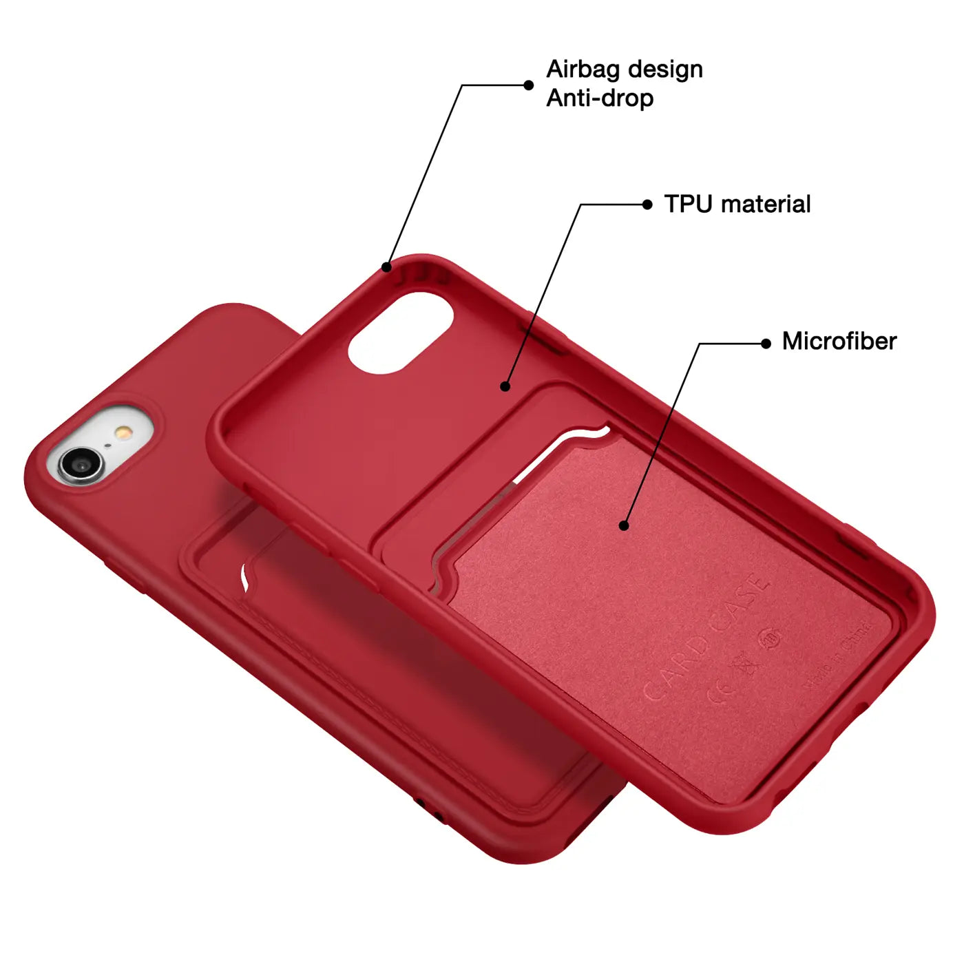 Rote TPU-Hülle mit Kartenfach für iPhone 7/8/SE, von oben schräg fotografiert.