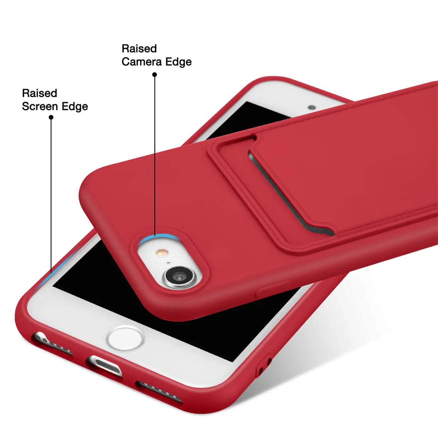 Rote Slim Hülle aus Kunststoff mit Kartenfach auf einem iPhone 7/8/SE, Draufsicht.