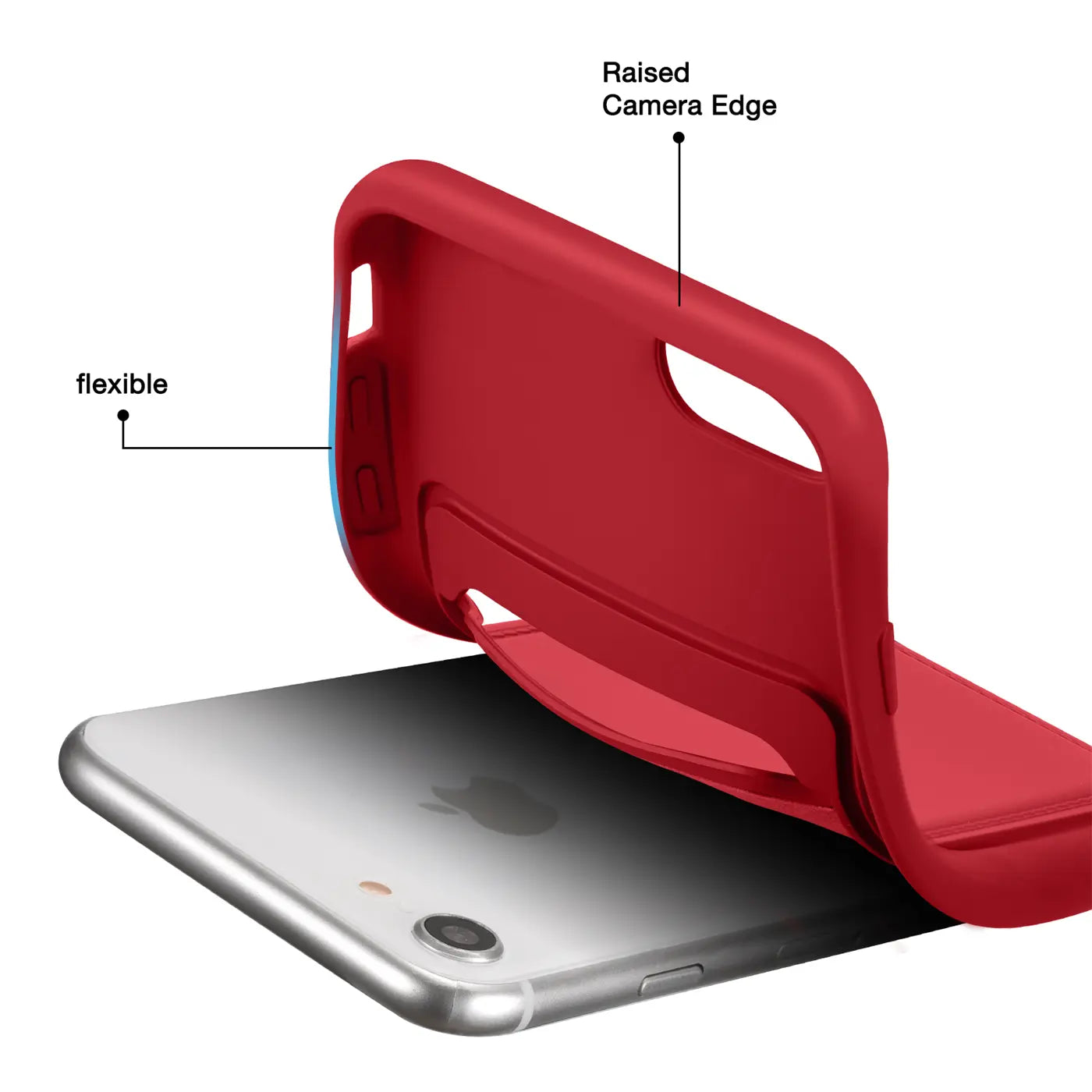 Rote flexible Hülle wird über ein silbernes iPhone 7/8/SE gelegt.