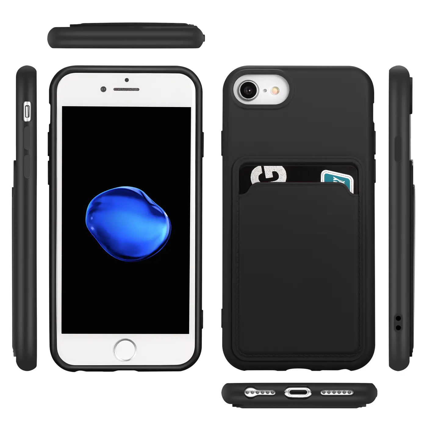 Schwarze Slim-Hülle mit Kartenfach für iPhone 7/8/SE, verschiedene Ansichten.