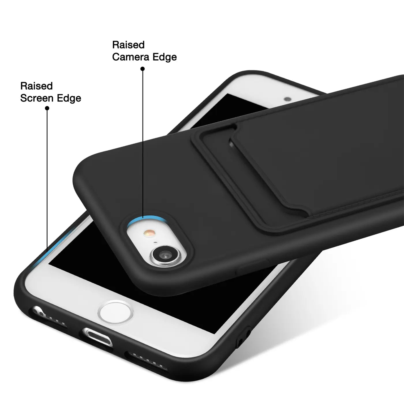 Schwarze Slim Hülle aus Kunststoff mit Kartenfach, zeigt iPhone 7/8/SE, Draufsicht.