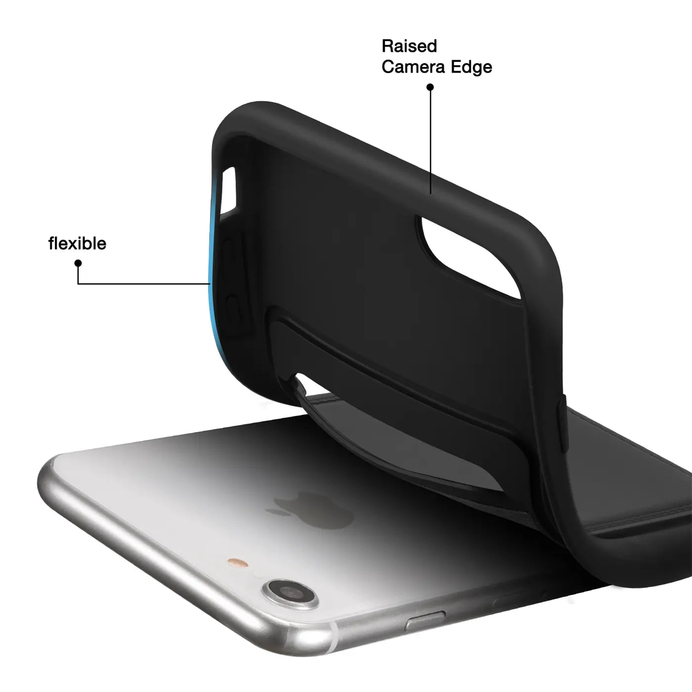 Schwarze, flexible Hülle mit erhöhtem Kamerarand, die auf ein silbernes iPhone 7/8/SE gelegt wird.
