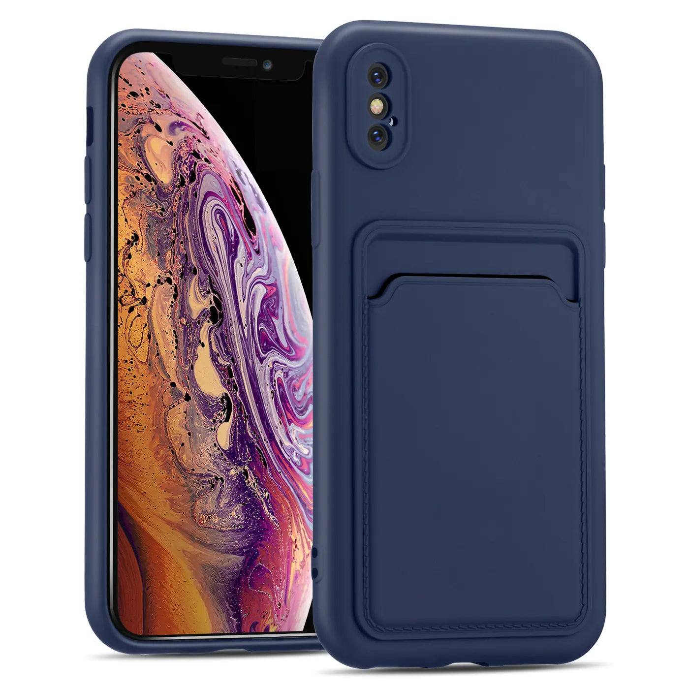 Dunkelblaue Slim Hülle mit Kartenfach für iPhone X/XS, von vorne schräg