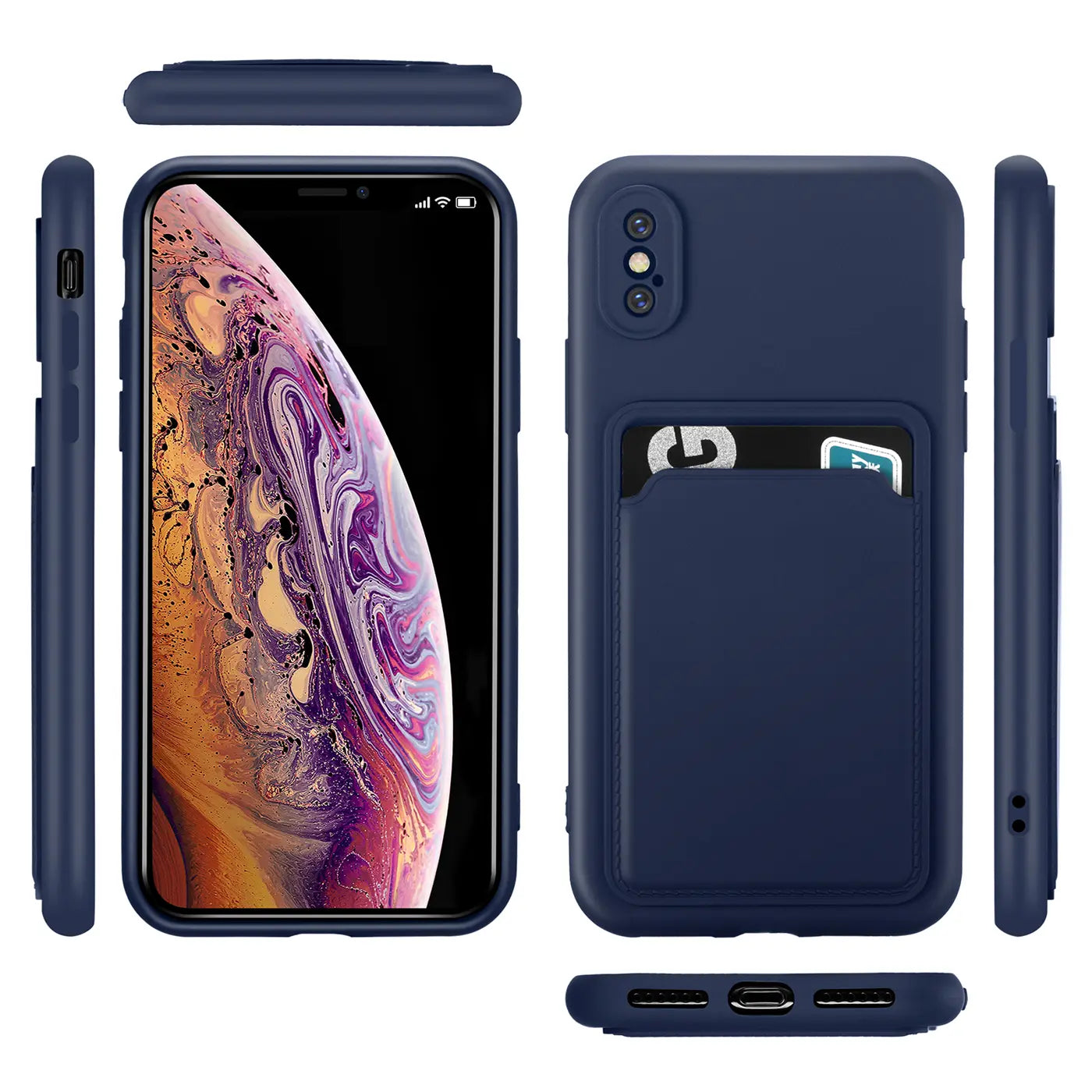 Dunkelblaue Handyhülle aus Kunststoff mit Kartenfach für iPhone X/XS, verschiedene Ansichten.