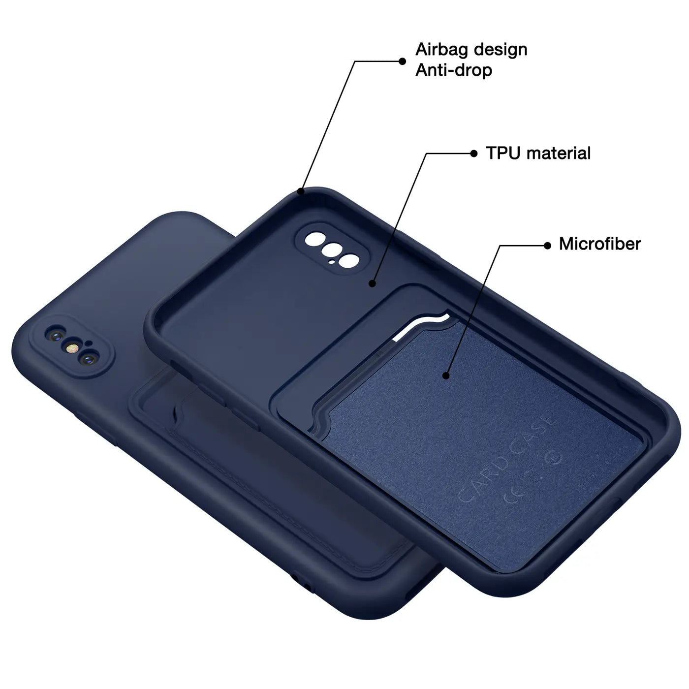 Dunkelblaue TPU-Hülle mit Kartenfach für iPhone X/XS, von schräg oben gezeigt.