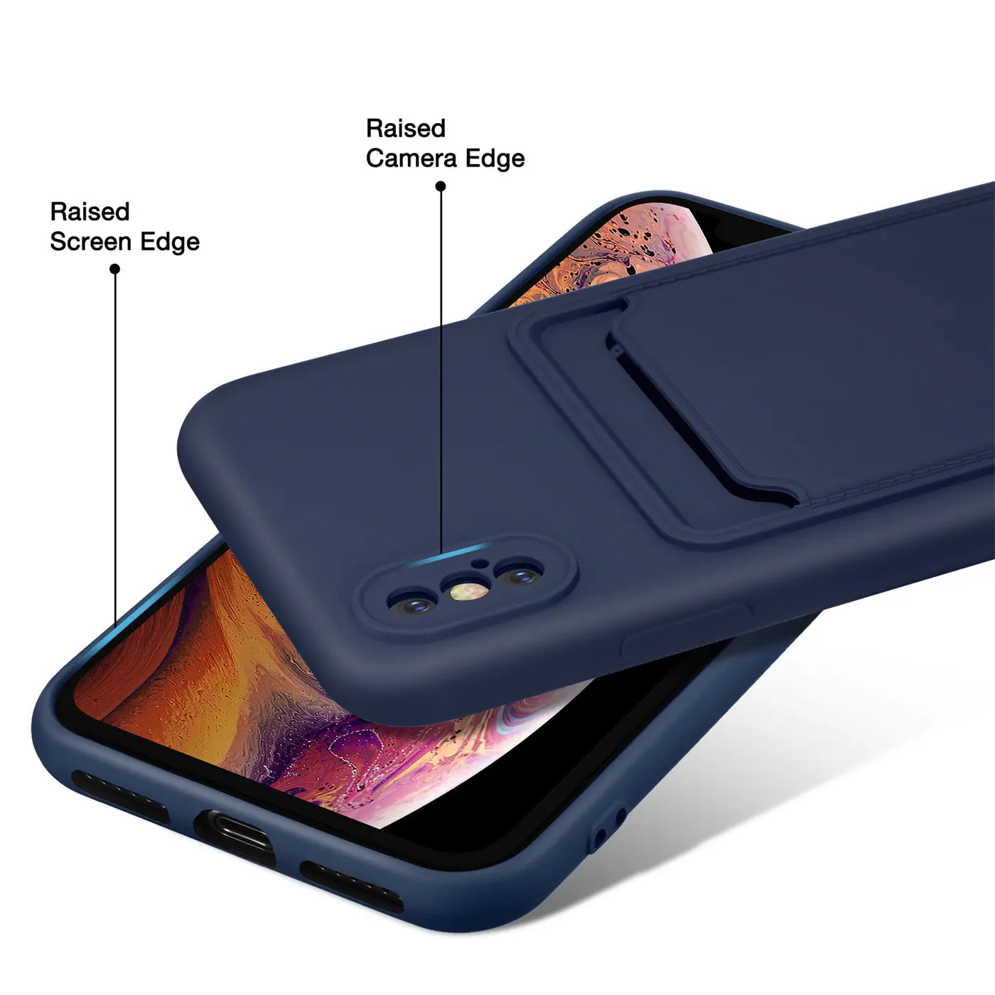 Dunkelblaue Slim Hülle mit Kartenfach für iPhone X/XS, von schräg oben, mit erhöhten Kanten