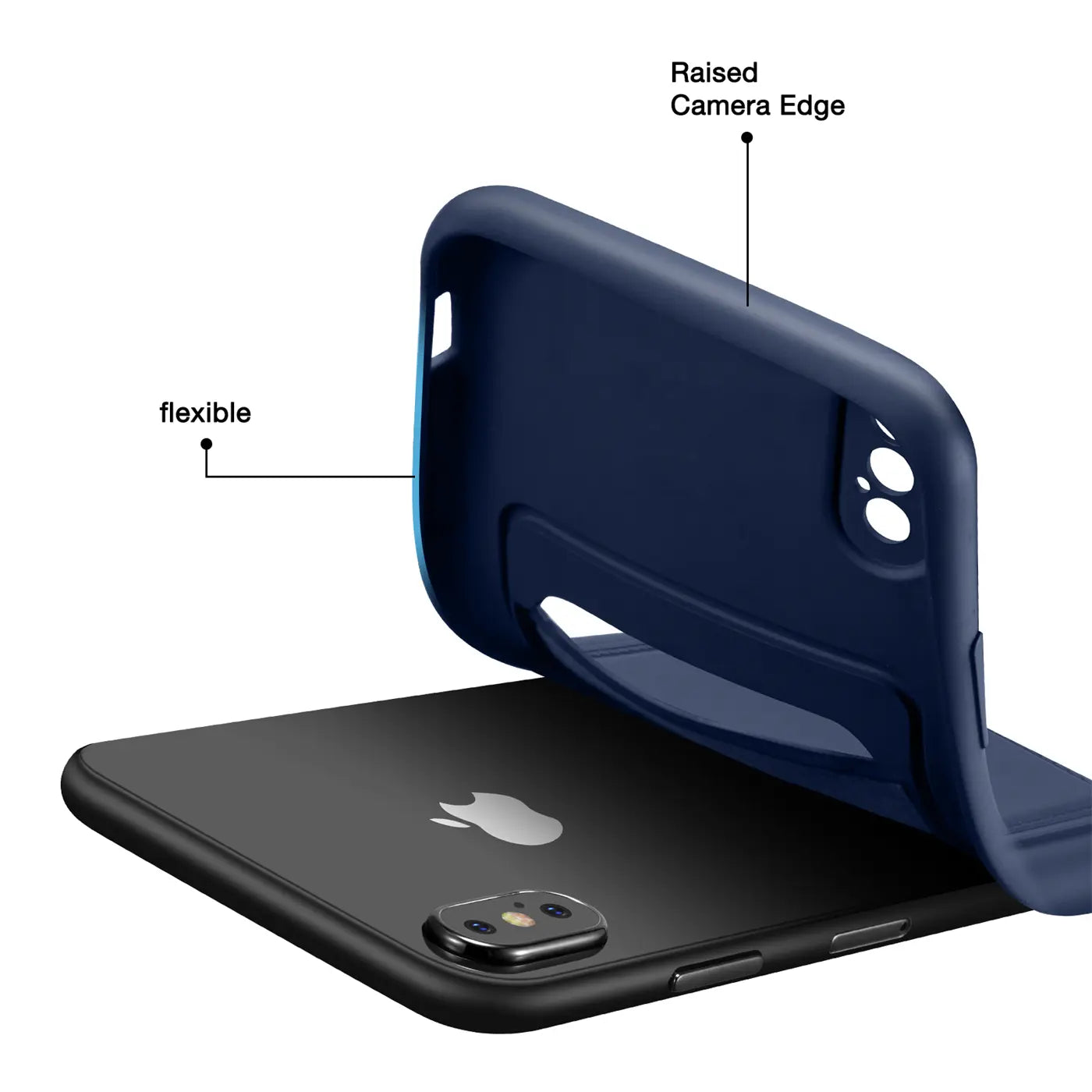 Dunkelblaue, flexible Hülle mit Kartenfach über einem schwarzen iPhone X/XS, Seitenansicht.