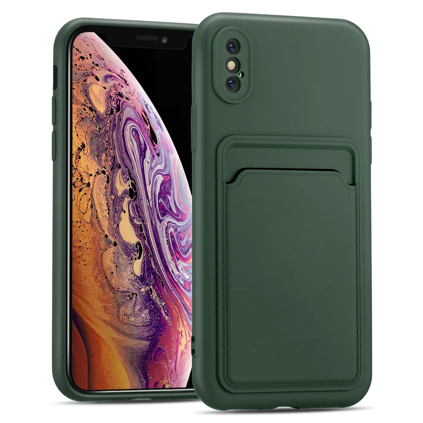 Dunkelgrüne Handyhülle aus Kunststoff mit Kartenfach, Vorderansicht, iPhone X/XS.