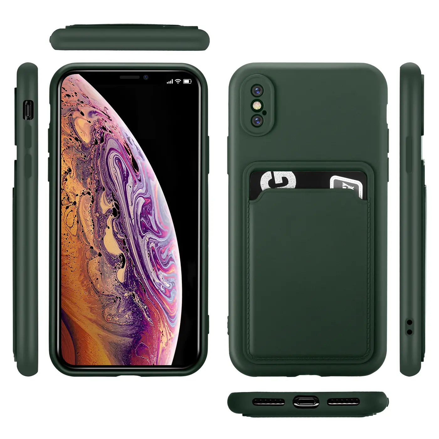 Dunkelgrüne Slim Hülle aus Kunststoff mit Kartenfach für iPhone X/XS, verschiedene Ansichten.
