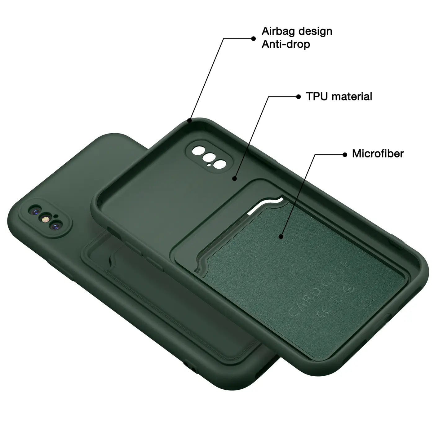 Dunkelgrüne TPU-Hülle mit Kartenfach für iPhone X/XS, von innen mit Mikrofaser, von oben gesehen.