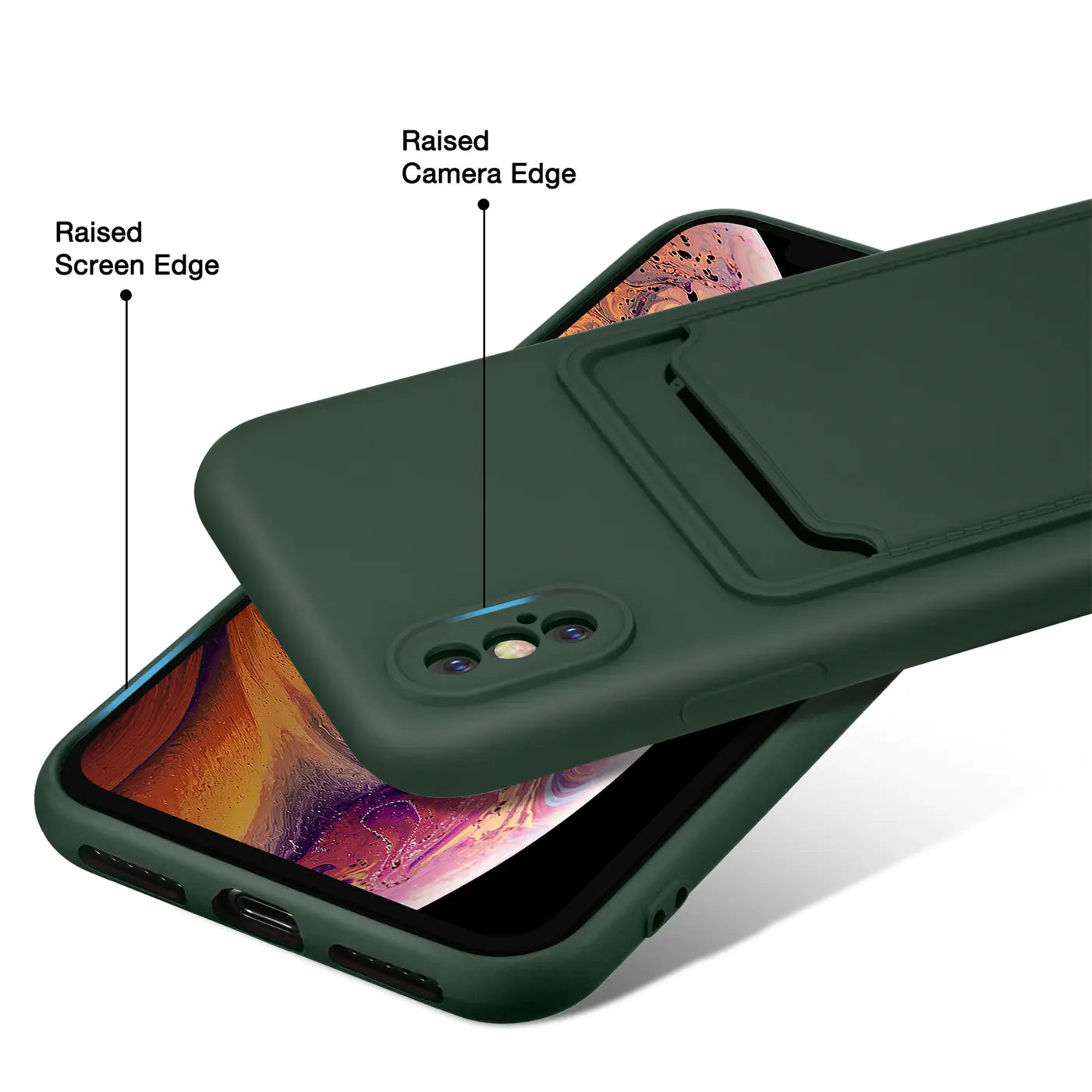 Dunkelgrüne Slim Hülle mit Kartenfach für iPhone X/XS, von schräg oben.