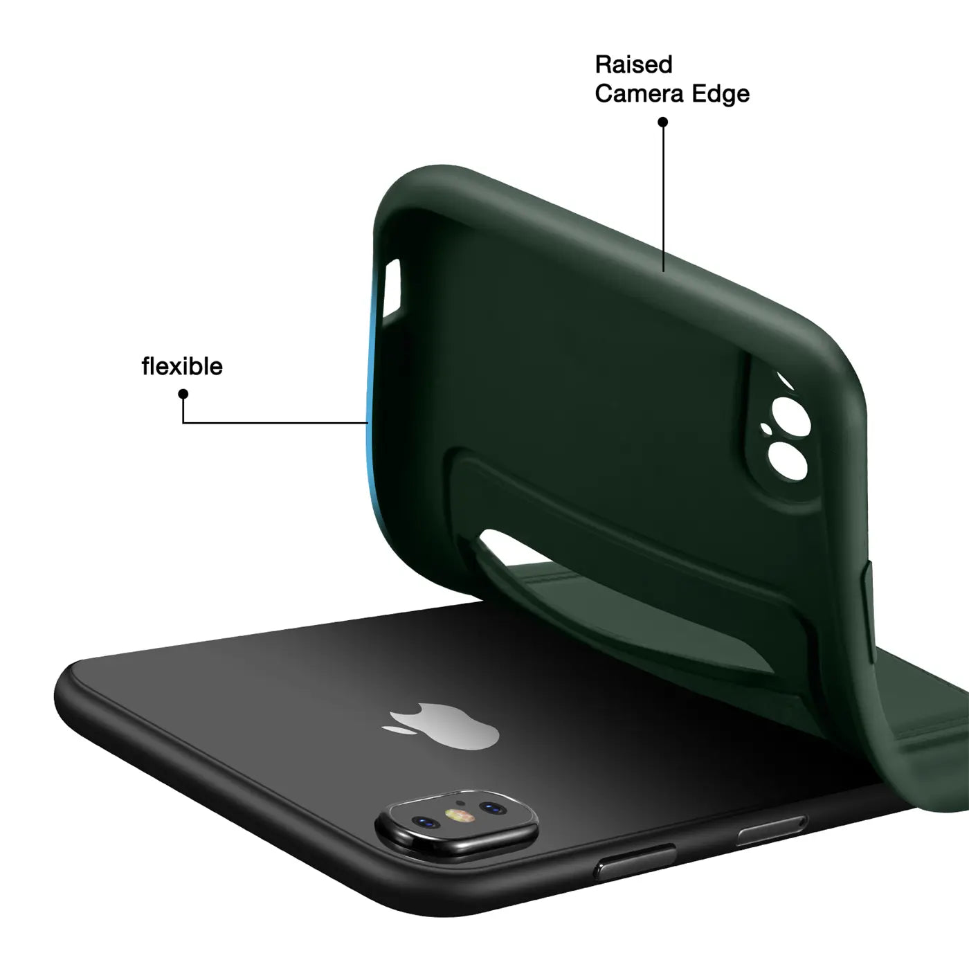 Dunkelgrüne, flexible Hülle mit Kartenfach, von oben auf iPhone X/XS gelegt