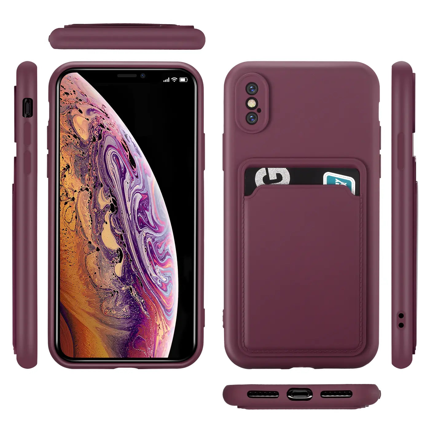 Dunkelrote Handyhülle aus Silikon mit Kartenfach für iPhone X/XS, verschiedene Ansichten.