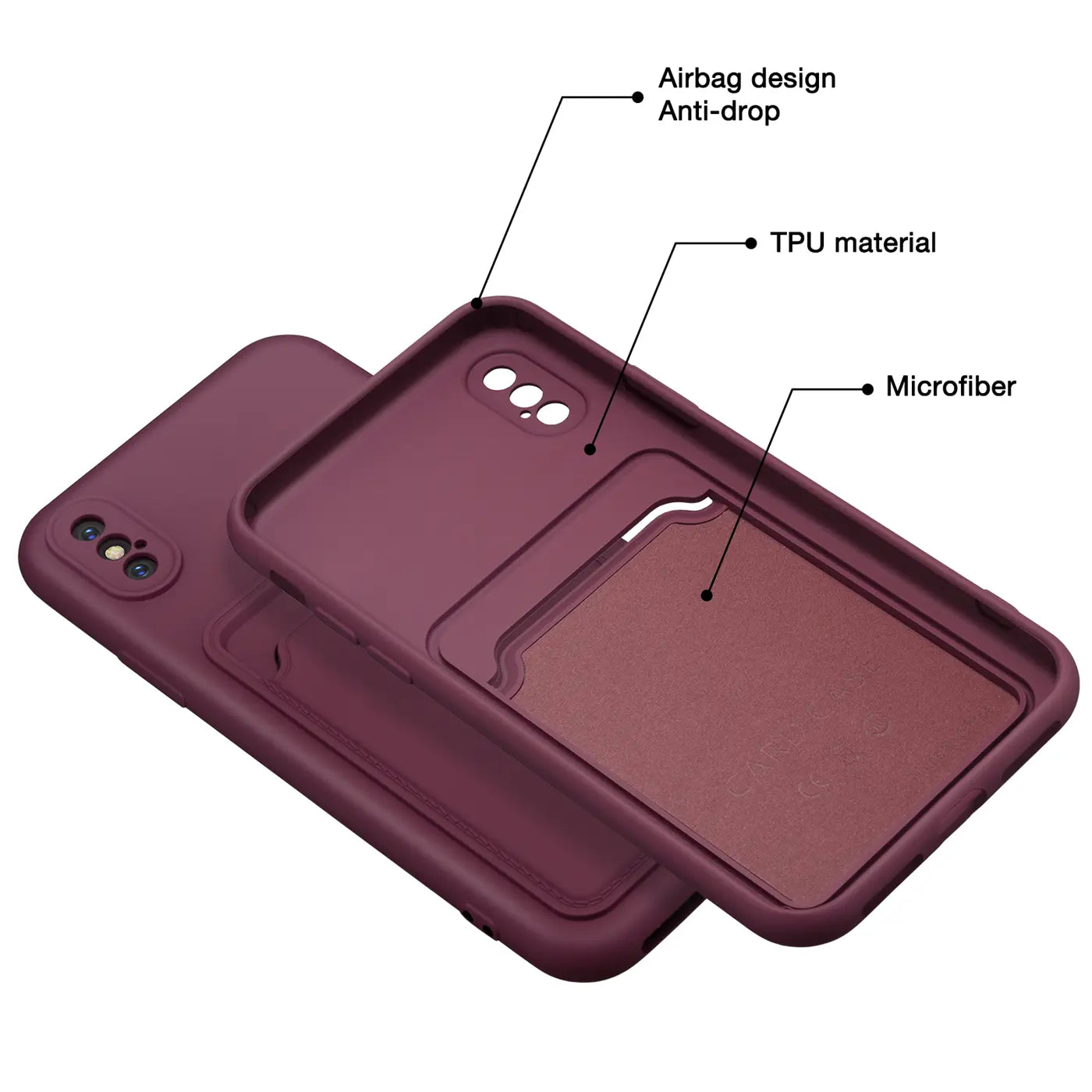 Bordeauxrote TPU-Hülle mit Kartenfach, Innenfutter aus Mikrofaser, für iPhone X/XS.