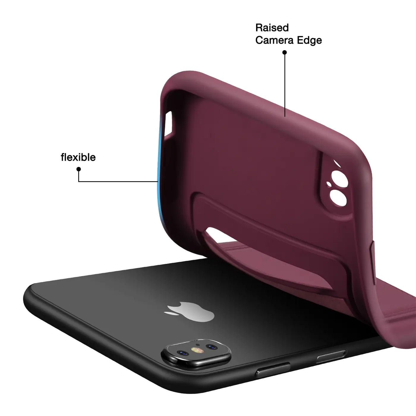 Weinrote Hülle aus flexiblem Material, von oben auf ein iPhone X/XS gelegt.