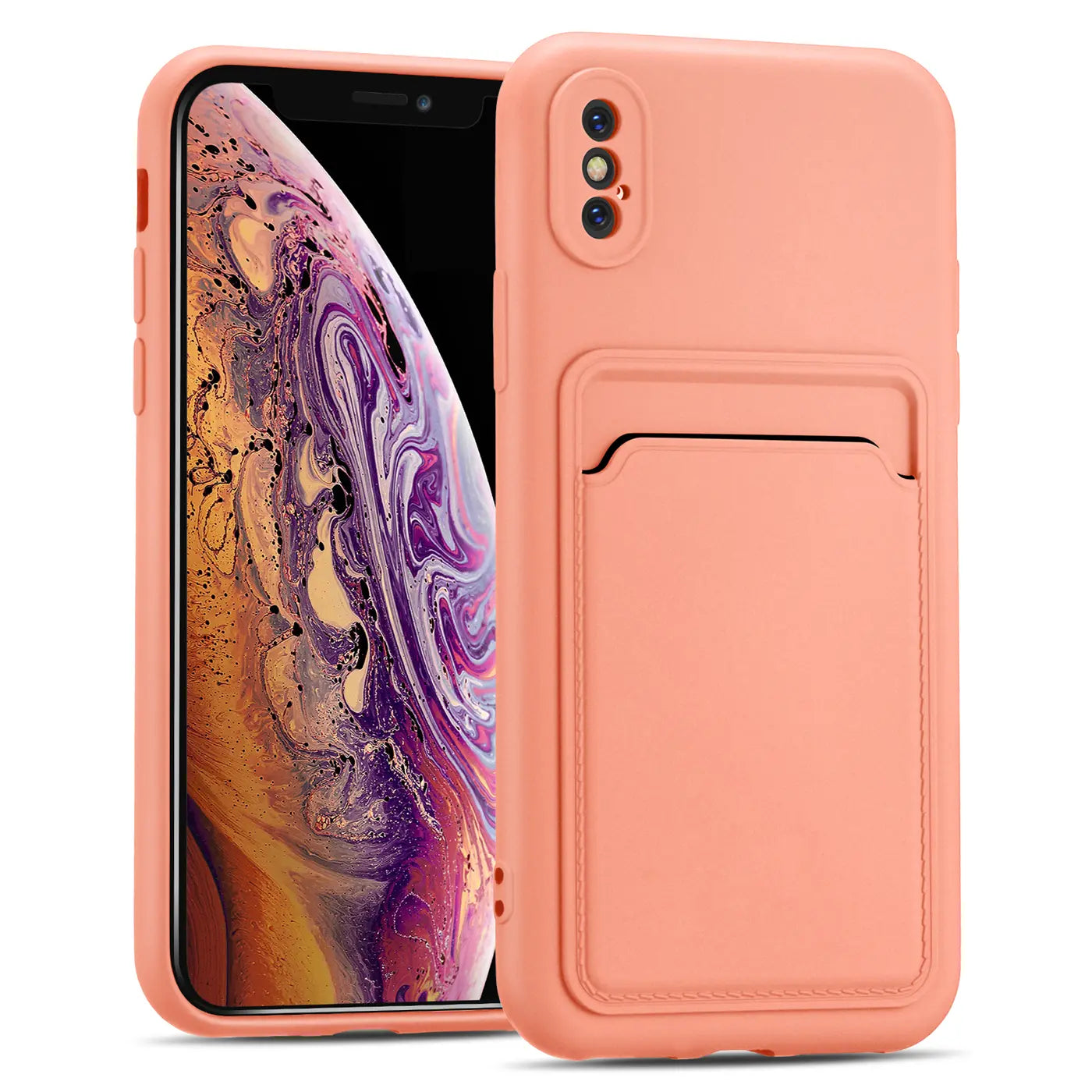 Pfirsichfarbene Hülle mit Kartenfach, aus Kunstleder, von vorne schräg, zeigt iPhone X/XS.