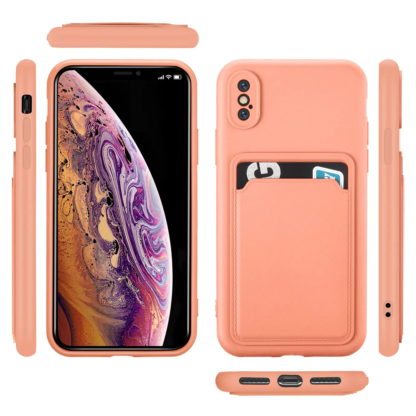 Pfirsichfarbene Slim Hülle aus Silikon mit Kartenfach für iPhone X/XS, verschiedene Ansichten.