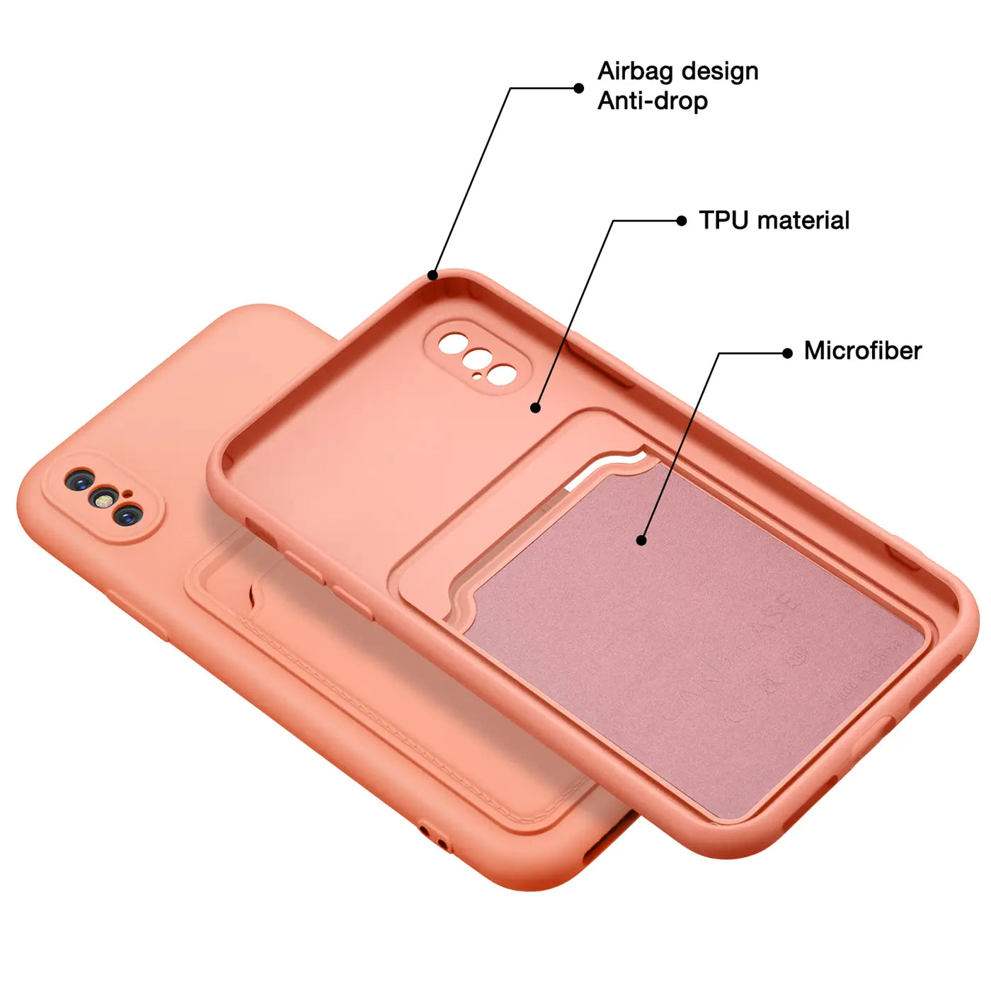 Orange TPU-Hülle mit Kartenfach, Innenfutter aus Mikrofaser, für iPhone X/XS, von schräg oben gezeigt.