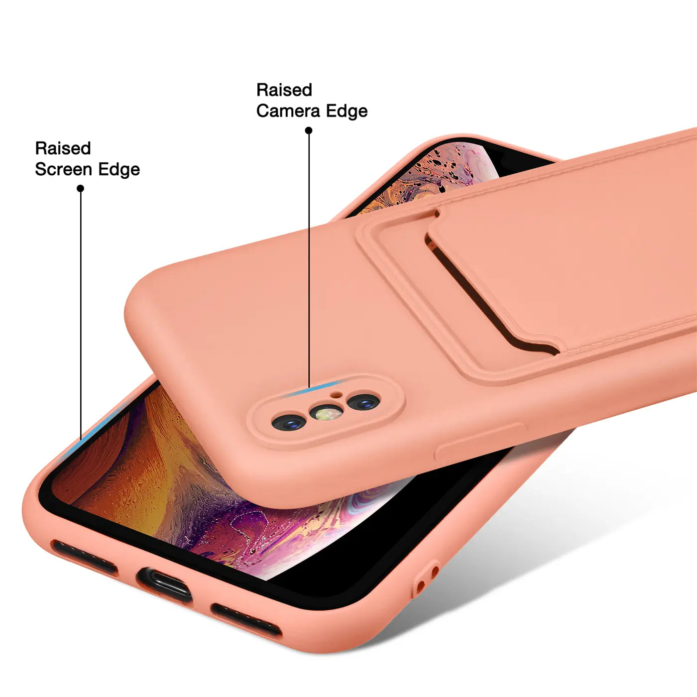 Pfirsichfarbene Hülle aus Kunststoff mit Kartenfach für iPhone X/XS, von schräg oben.