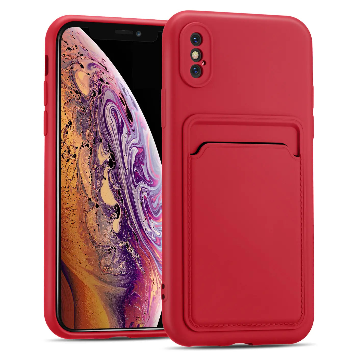 Rote Handyhülle aus Kunststoff mit Kartenfach für iPhone X/XS, von vorne links gezeigt.