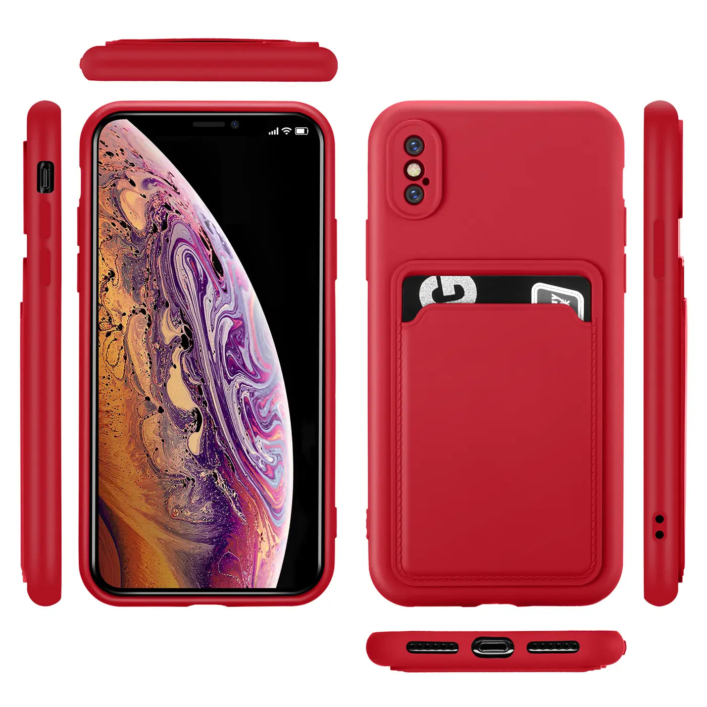 Rote Silikonhülle mit Kartenfach für iPhone X/XS, verschiedene Ansichten