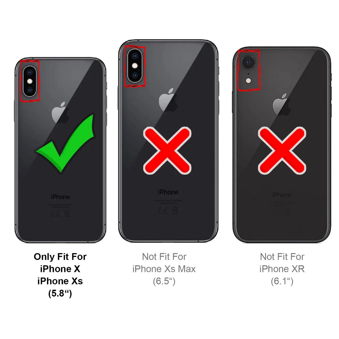 Drei iPhones, Rückansicht. Links iPhone X/Xs mit Haken, Mitte/Rechts iPhones mit Kreuzen.