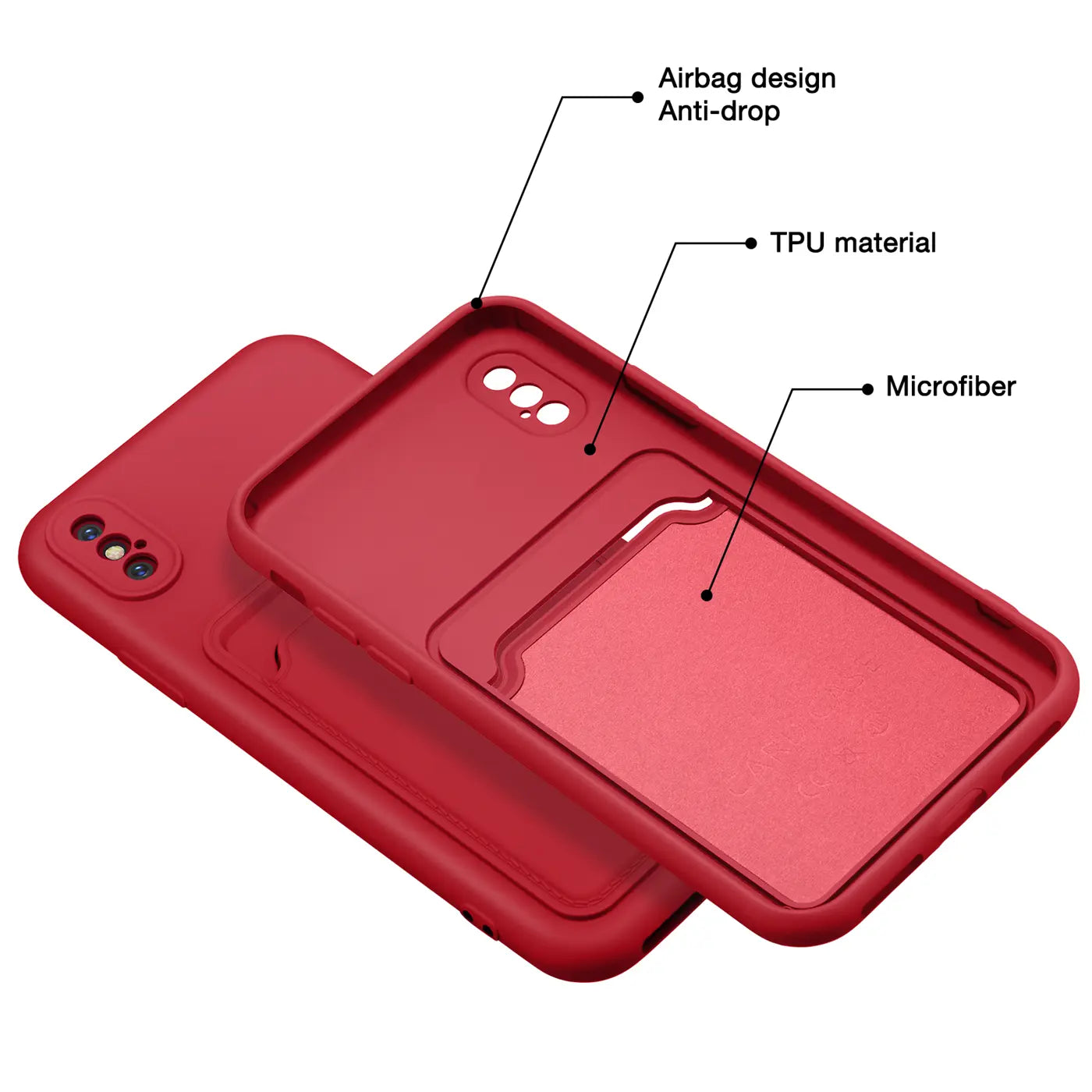 Rote TPU-Hülle mit Kartenfach, von oben schräg, zeigt iPhone X/XS-Kameraaussparung.