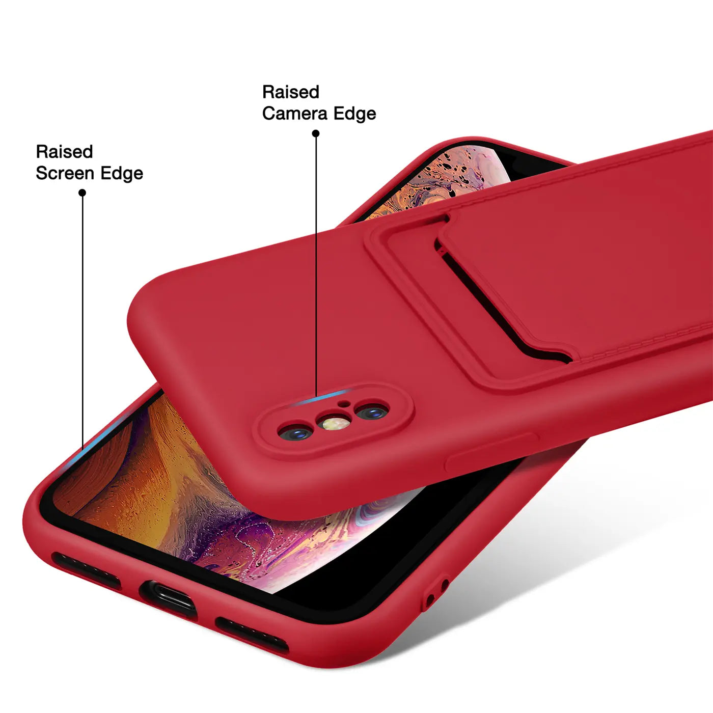 Rote Slim Hülle aus Kunststoff mit Kartenfach für iPhone X/XS, von schräg oben