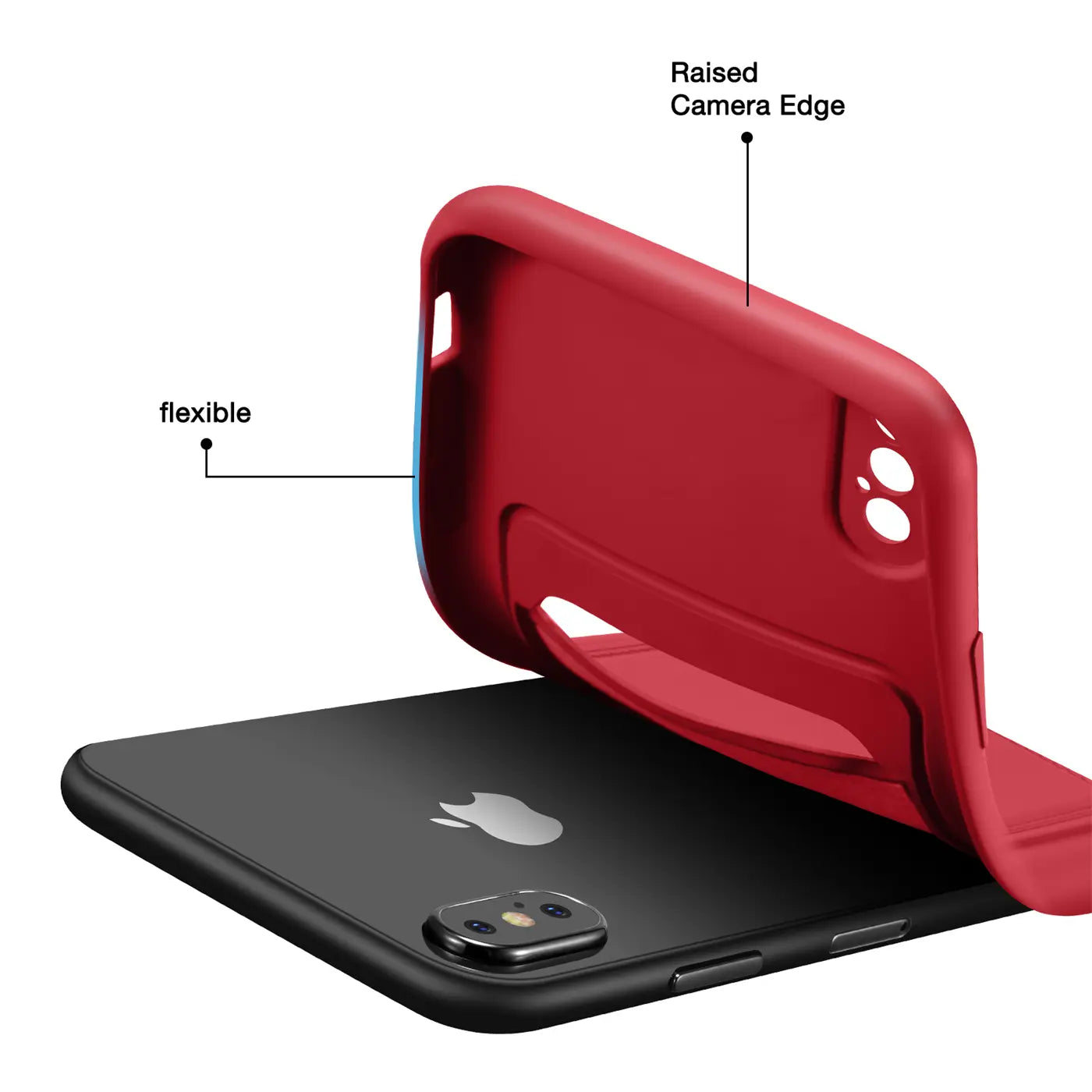 Rote flexible Hülle mit Kartenfach wird auf ein schwarzes iPhone X/XS aufgesetzt, Seitenansicht.