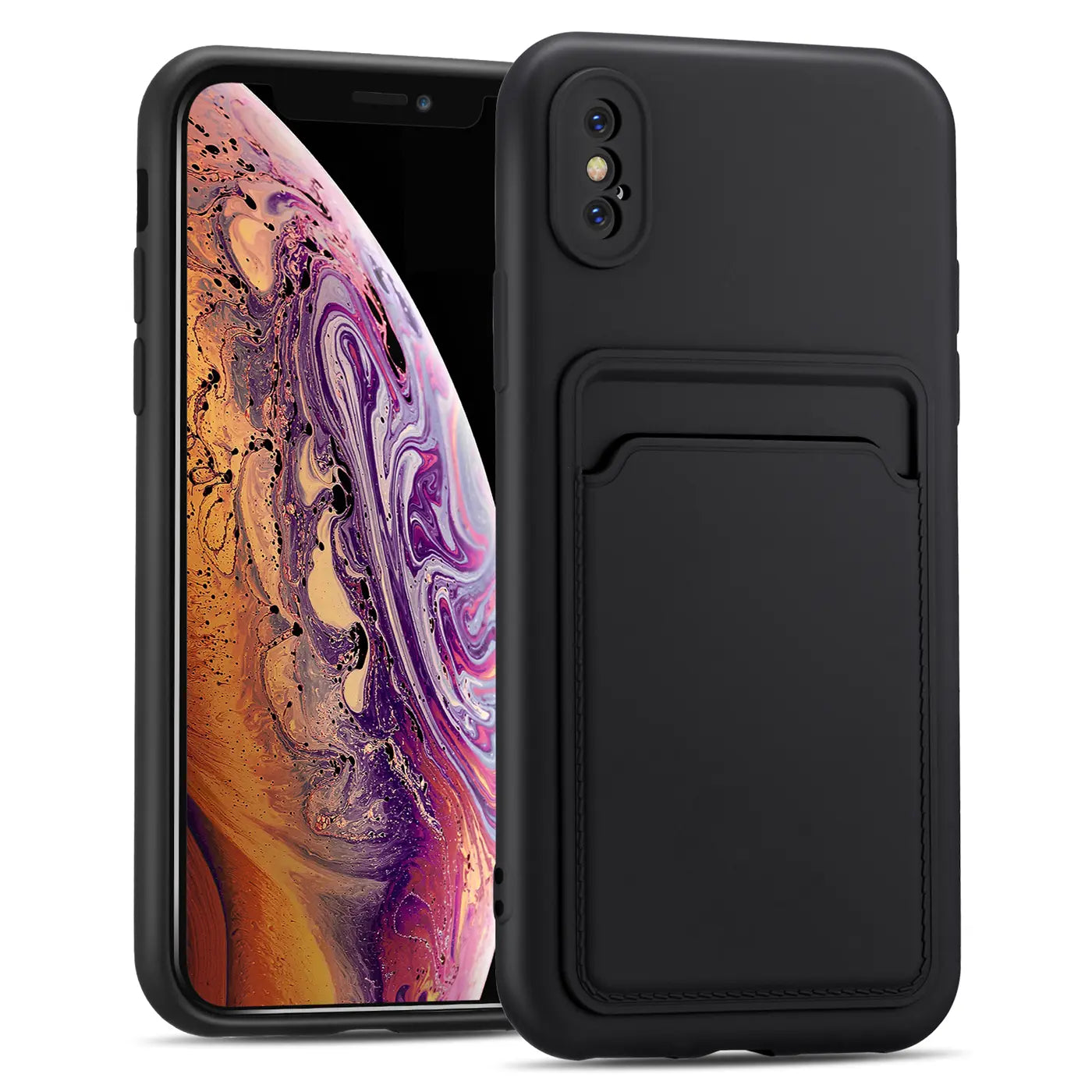 Schwarze Slim Hülle aus Kunststoff mit Kartenfach für iPhone X/XS, von vorne links gesehen.