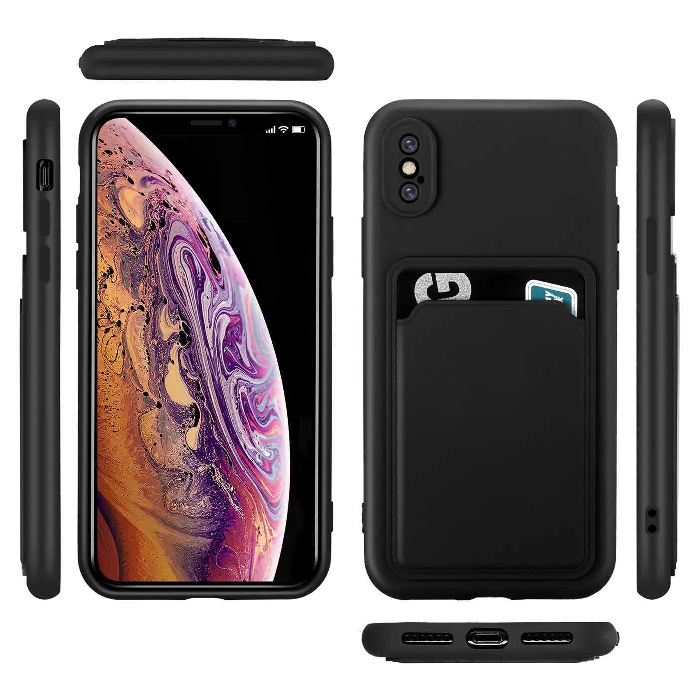 Schwarze Slim Hülle aus Kunststoff mit Kartenfach für iPhone X/XS, verschiedene Ansichten.