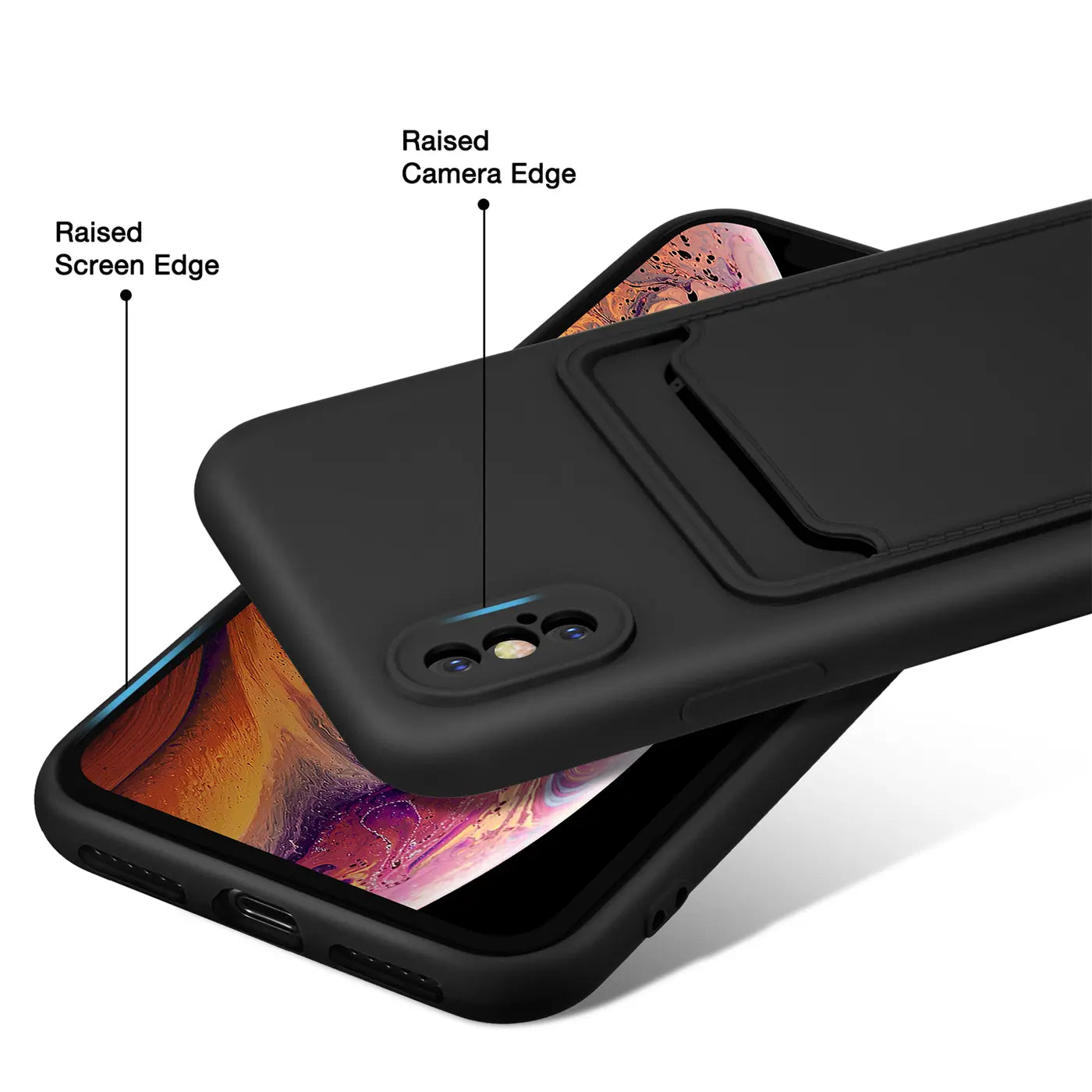 Schwarze Handyhülle aus Kunststoff mit Kartenfach, zeigt iPhone X/XS, Seitenansicht
