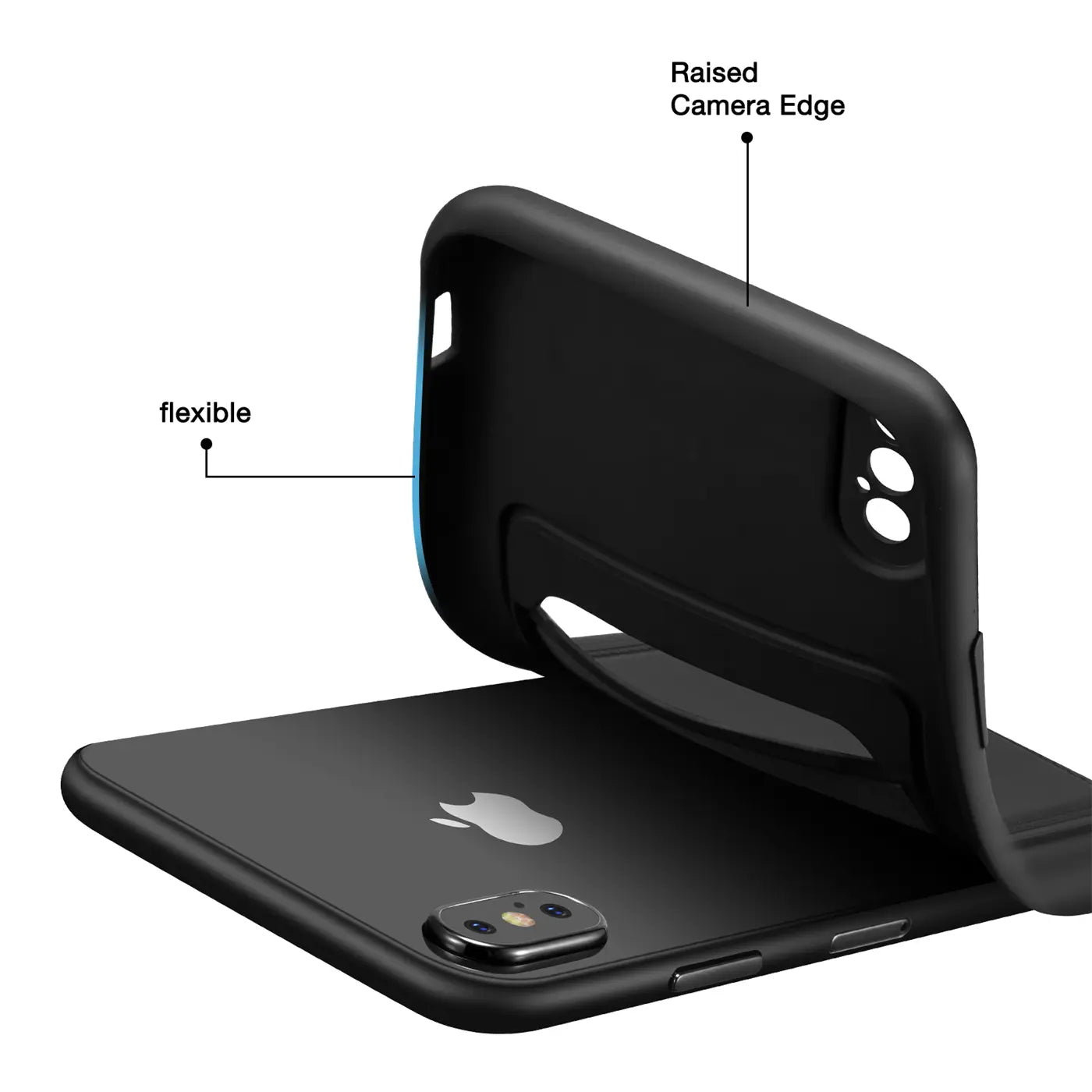 Schwarze flexible Hülle mit Kartenfach, von hinten auf ein iPhone X/XS gelegt.