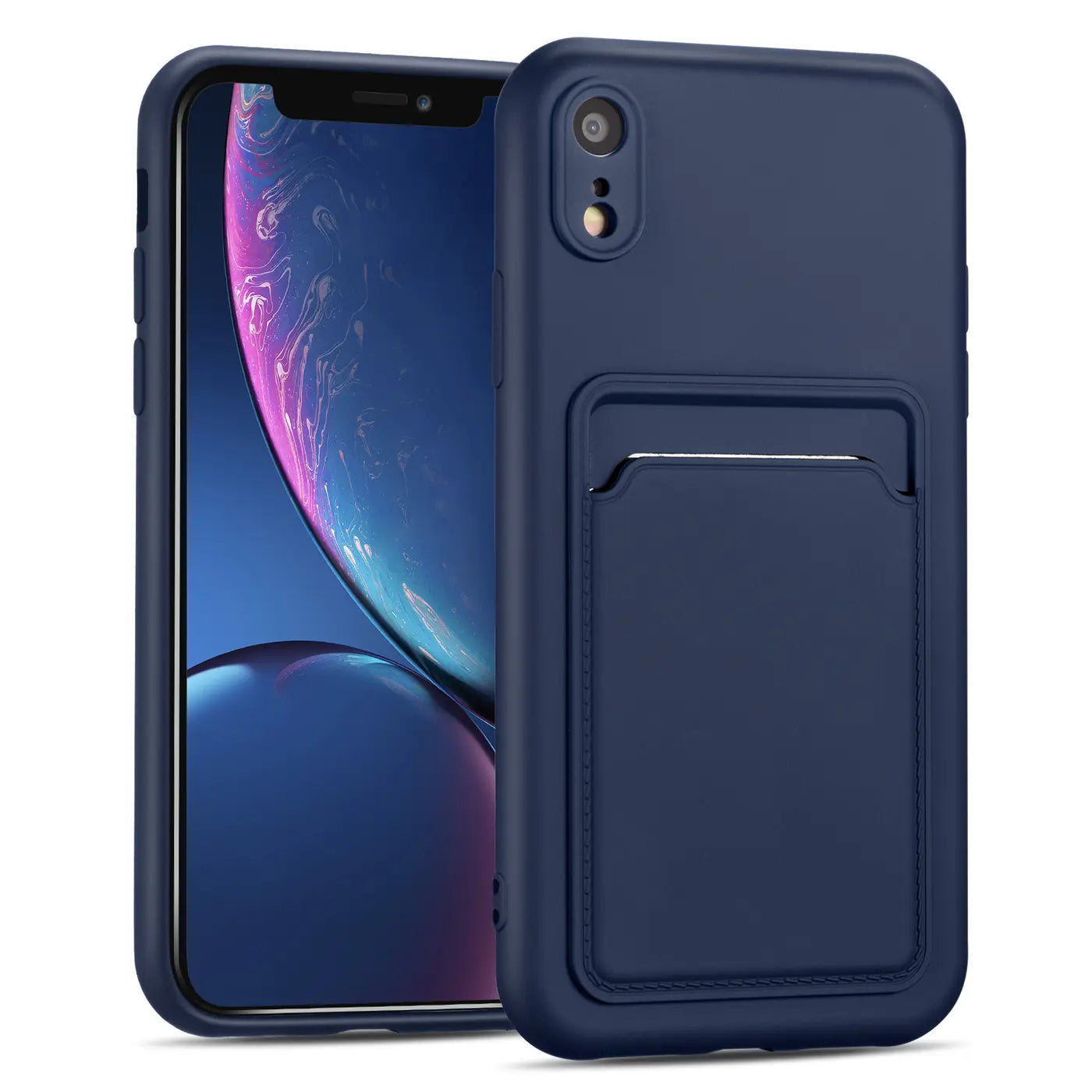Dunkelblaue Slim Hülle aus Kunststoff mit Kartenfach für iPhone XR, von vorne links