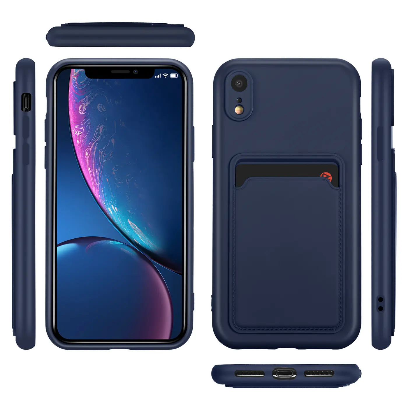 Dunkelblaue Handyhülle aus Kunststoff mit Kartenfach für iPhone XR, verschiedene Ansichten.