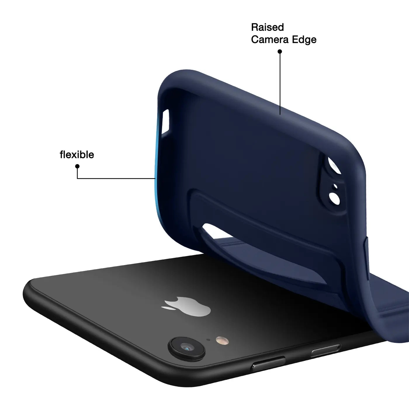 Dunkelblaue flexible Hülle wird auf iPhone XR aufgesetzt, von schräg oben
