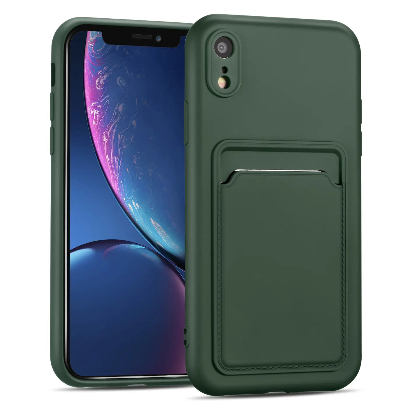Dunkelgrüne Slim Hülle aus Kunststoff mit Kartenfach für iPhone XR, von vorne links gesehen.
