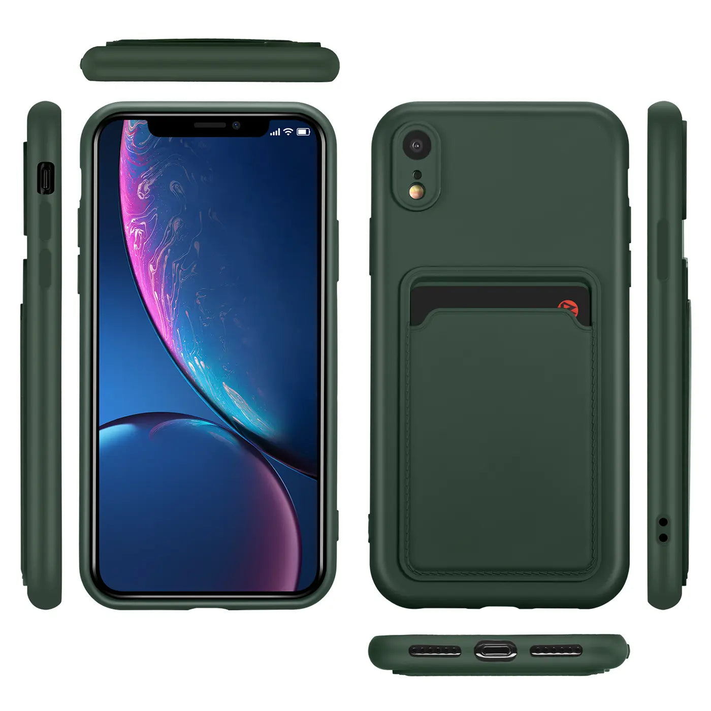 Dunkelgrüne Slim Hülle mit Kartenfach für iPhone XR, verschiedene Ansichten.