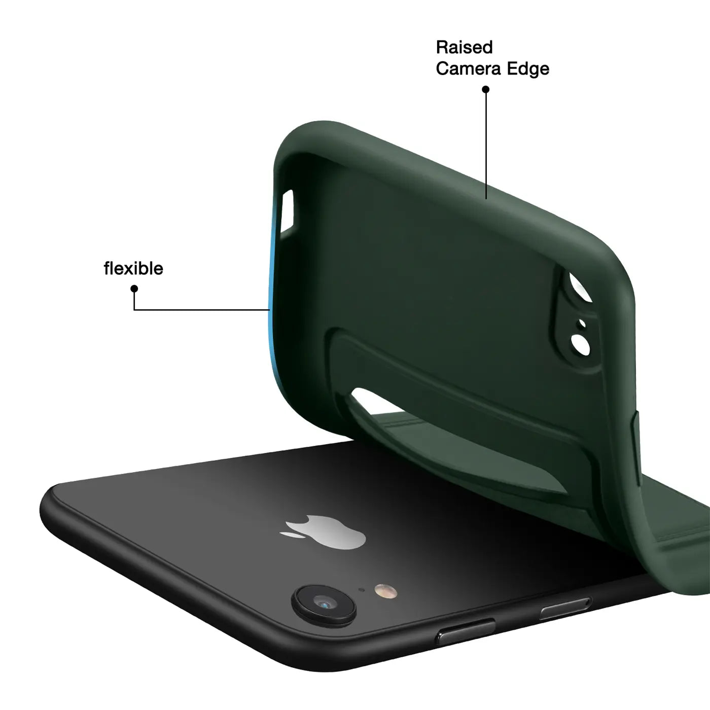 Dunkelgrüne flexible Hülle wird auf ein schwarzes iPhone XR gelegt.