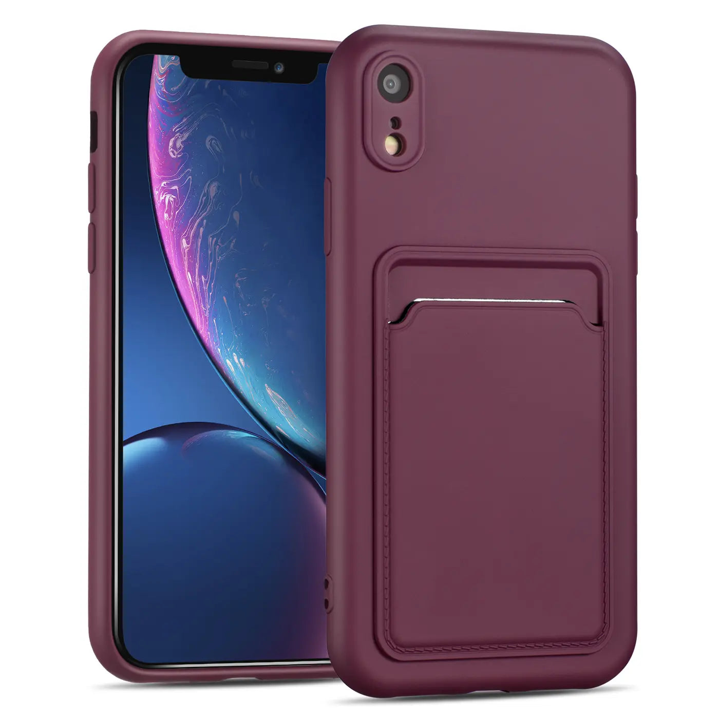 Dunkelrote Slim Hülle mit Kartenfach für iPhone XR, aus Kunstleder, von vorne links gezeigt.