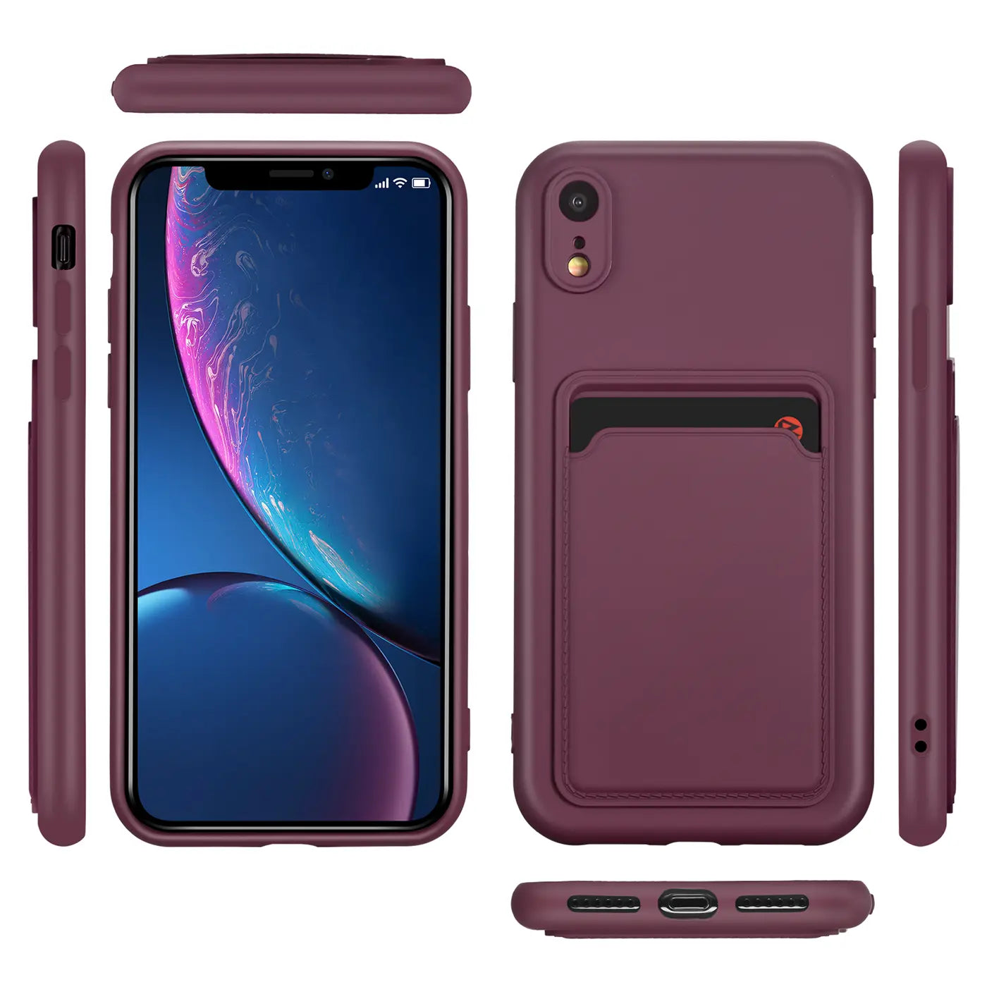 Dunkelrote Hülle mit Kartenfach für iPhone XR, aus Kunststoff, verschiedene Ansichten.